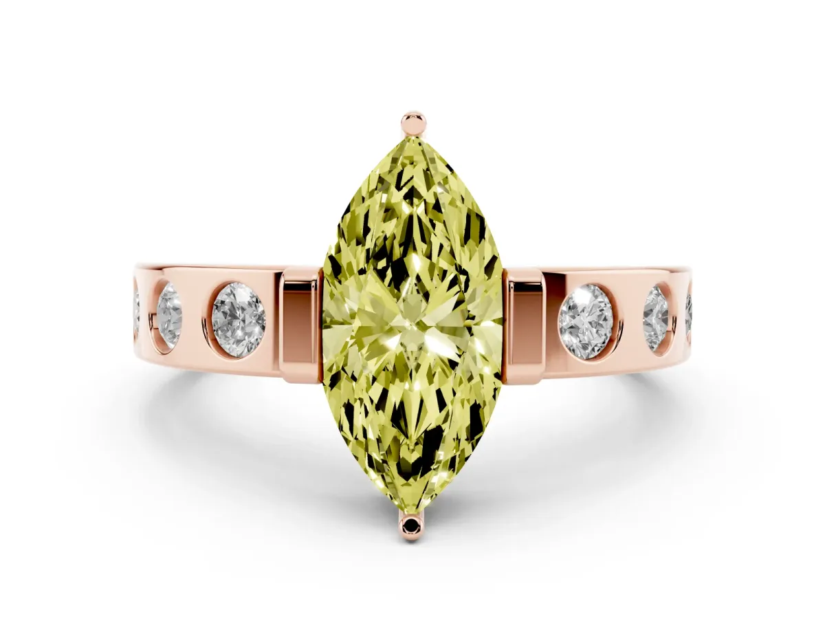 Fancy Yellow Marquise Cut Brilliant Channel-Set Diamond Ring with Bezel Prong Setting Rose gold