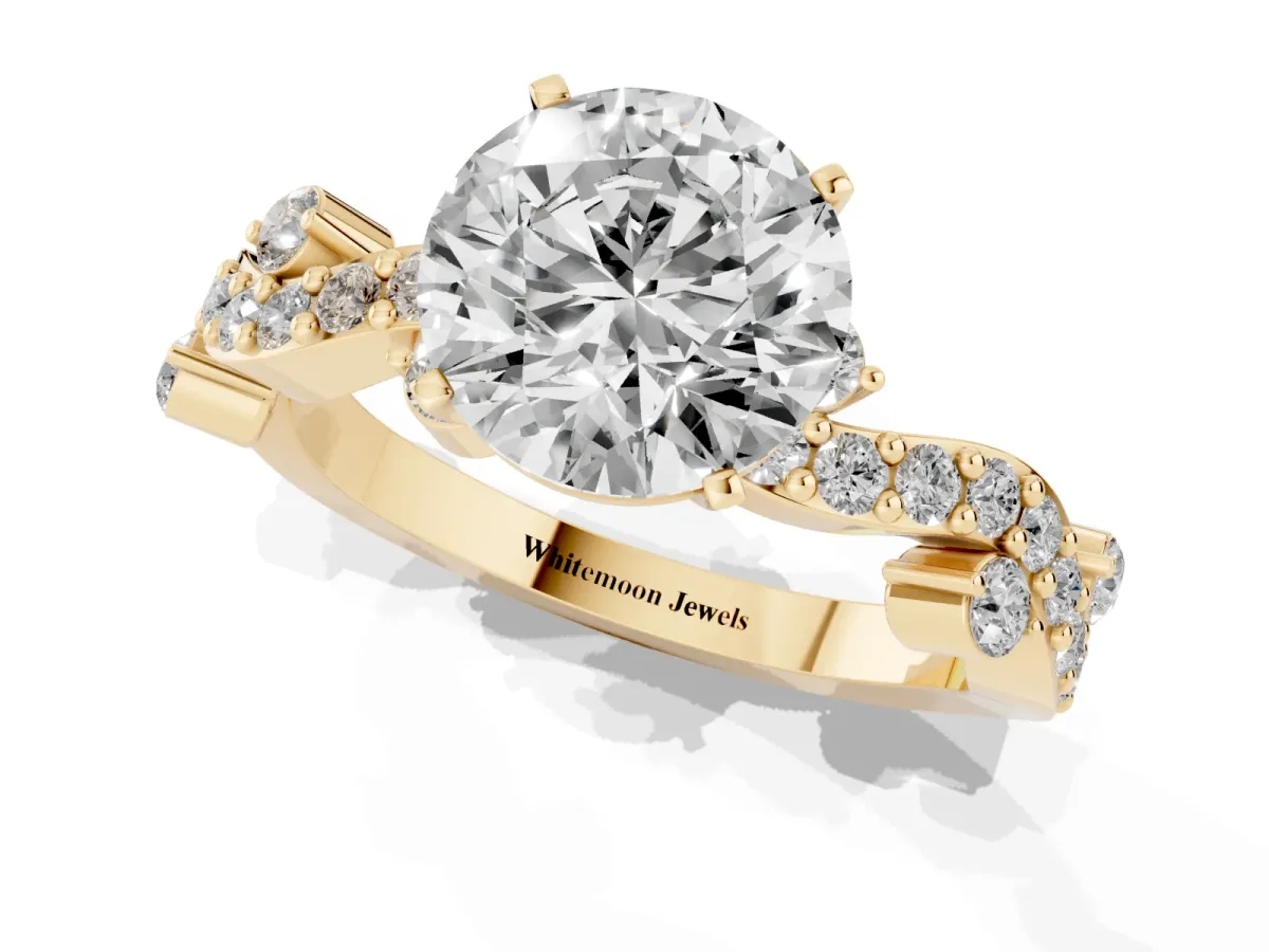 Round Cut Cut Solitaire Diamond Twisted Band with Pave Setting Yellow gold