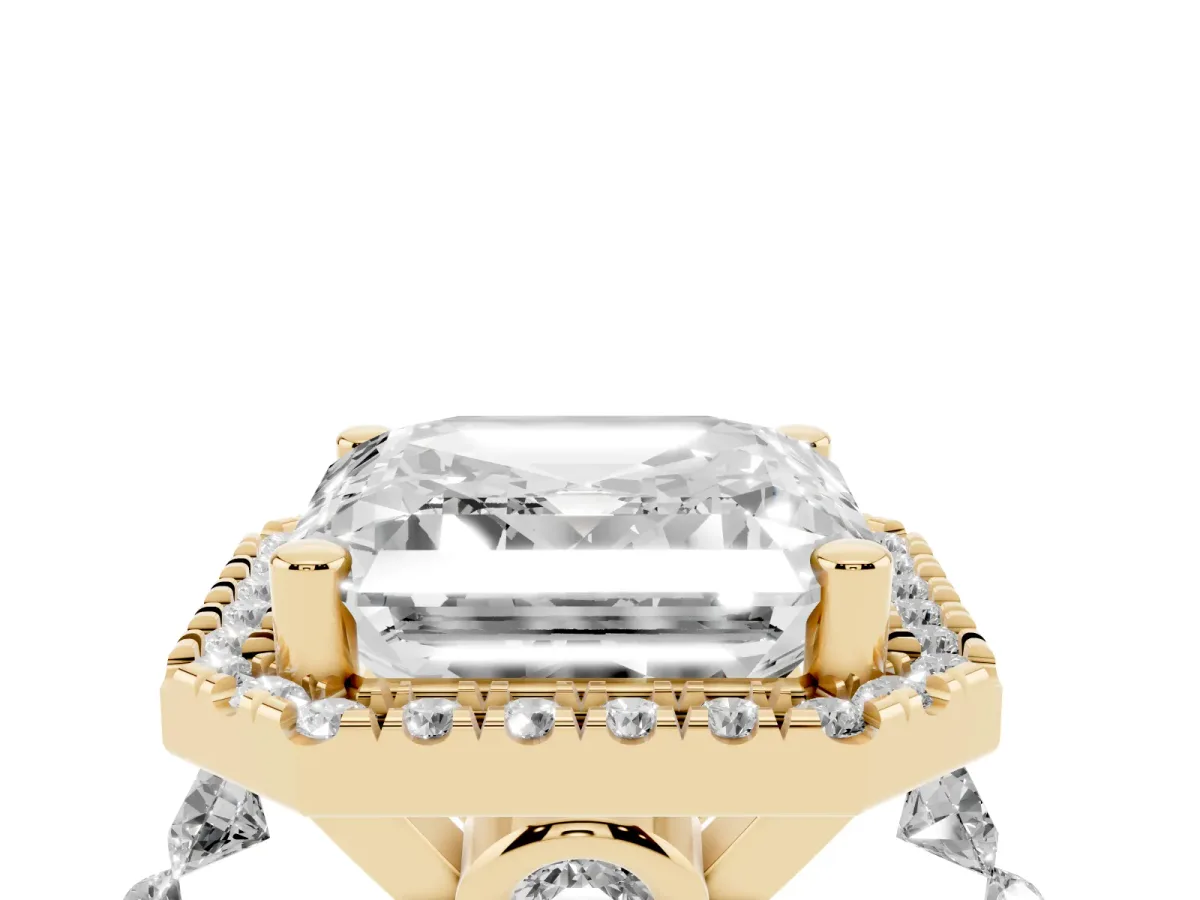 Asscher Cut Halo Pavé Diamond Engagement Ring with Four-Prong Setting Yellow gold
