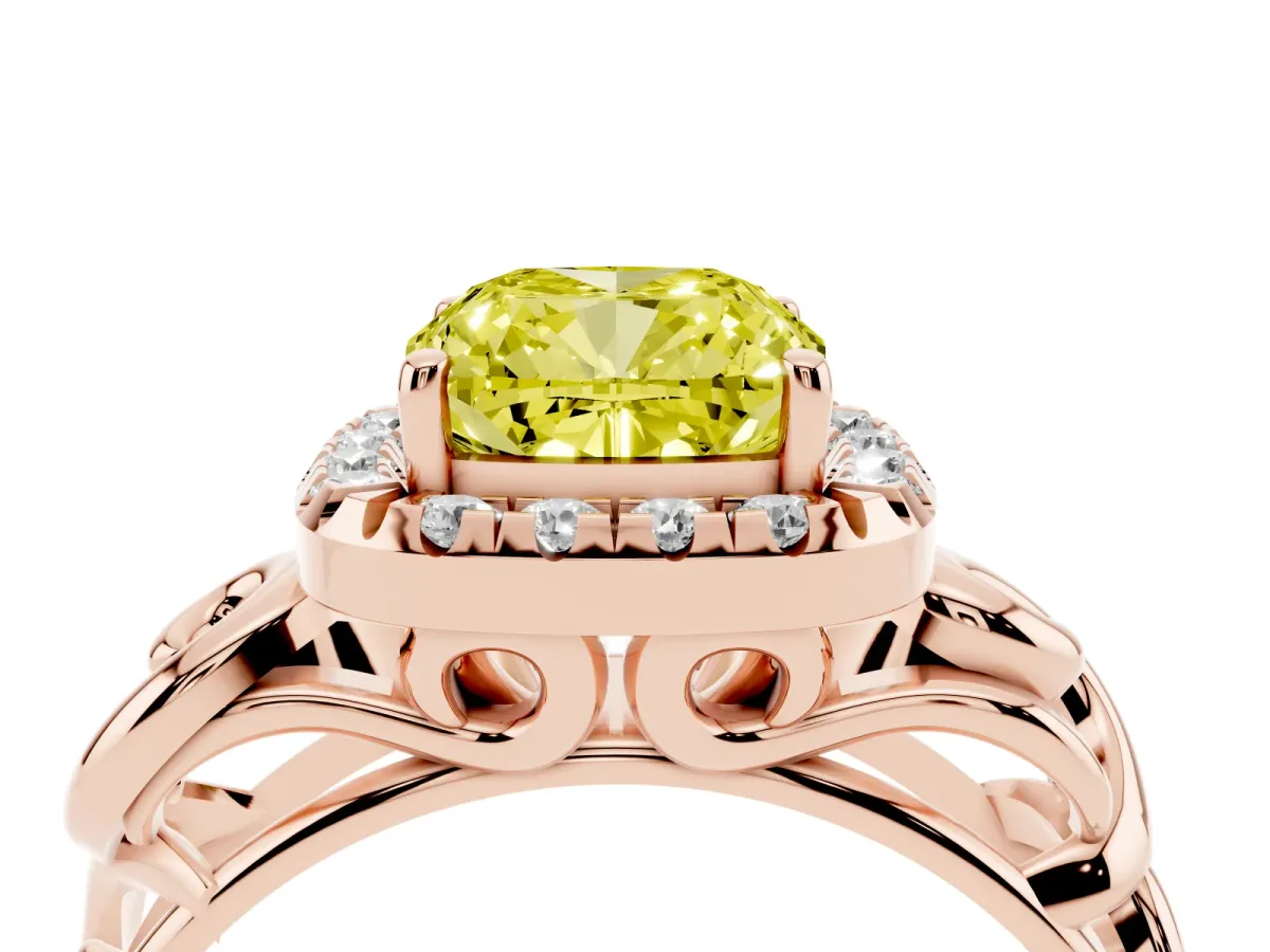 Fancy Yellow Cushion Cut Cut Halo Diamond Ring with Scrollwork Band and Four-Prong Setting Rose gold