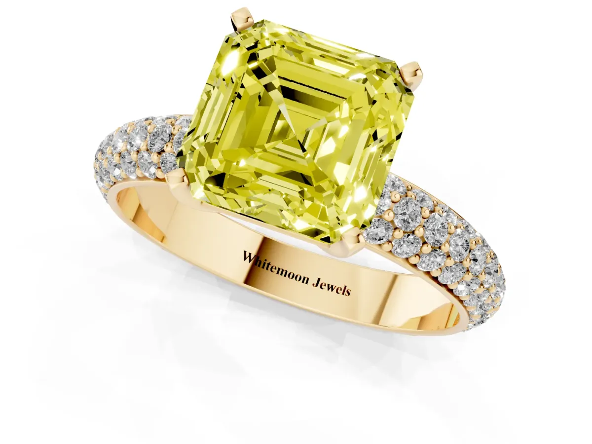 Fancy Yellow Asscher Cut Diamond Solitaire Ring with Prong Setting and Pavé Band Yellow gold
