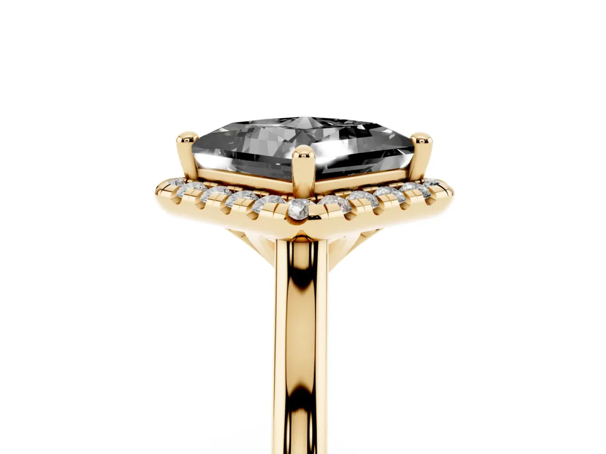 Fancy Black Princess Cut Halo Round Diamond Solitaire Engagement Ring with Pave Band and Four-Prong Setting Yellow gold