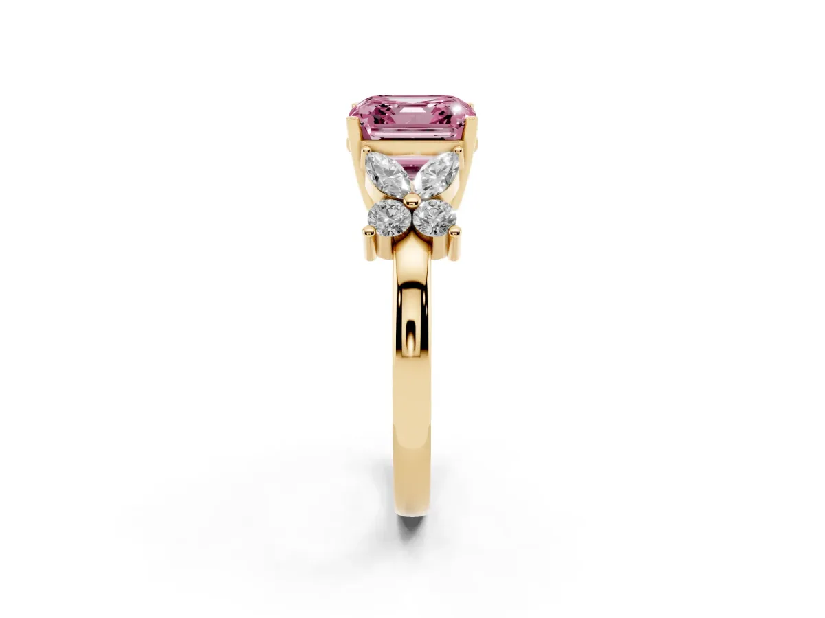 Fancy Pink Asscher Cut Diamond Floral Cluster Ring with Solitaire Band and Prong Setting Yellow gold