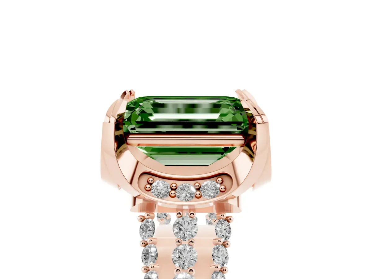 Fancy Green Emerald Cut Solitaire Pave Split Shank Ring with Four-Prong Setting Rose gold