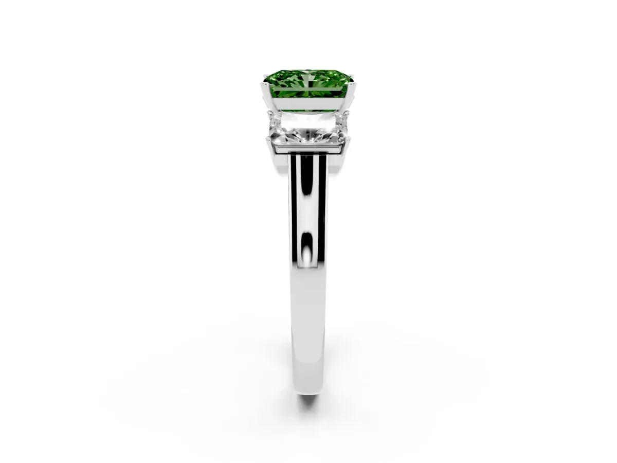 Fancy Green Three-Stone Radiant Cut Brilliant Diamond Trellis Ring with Comfort Fit Band Silver
