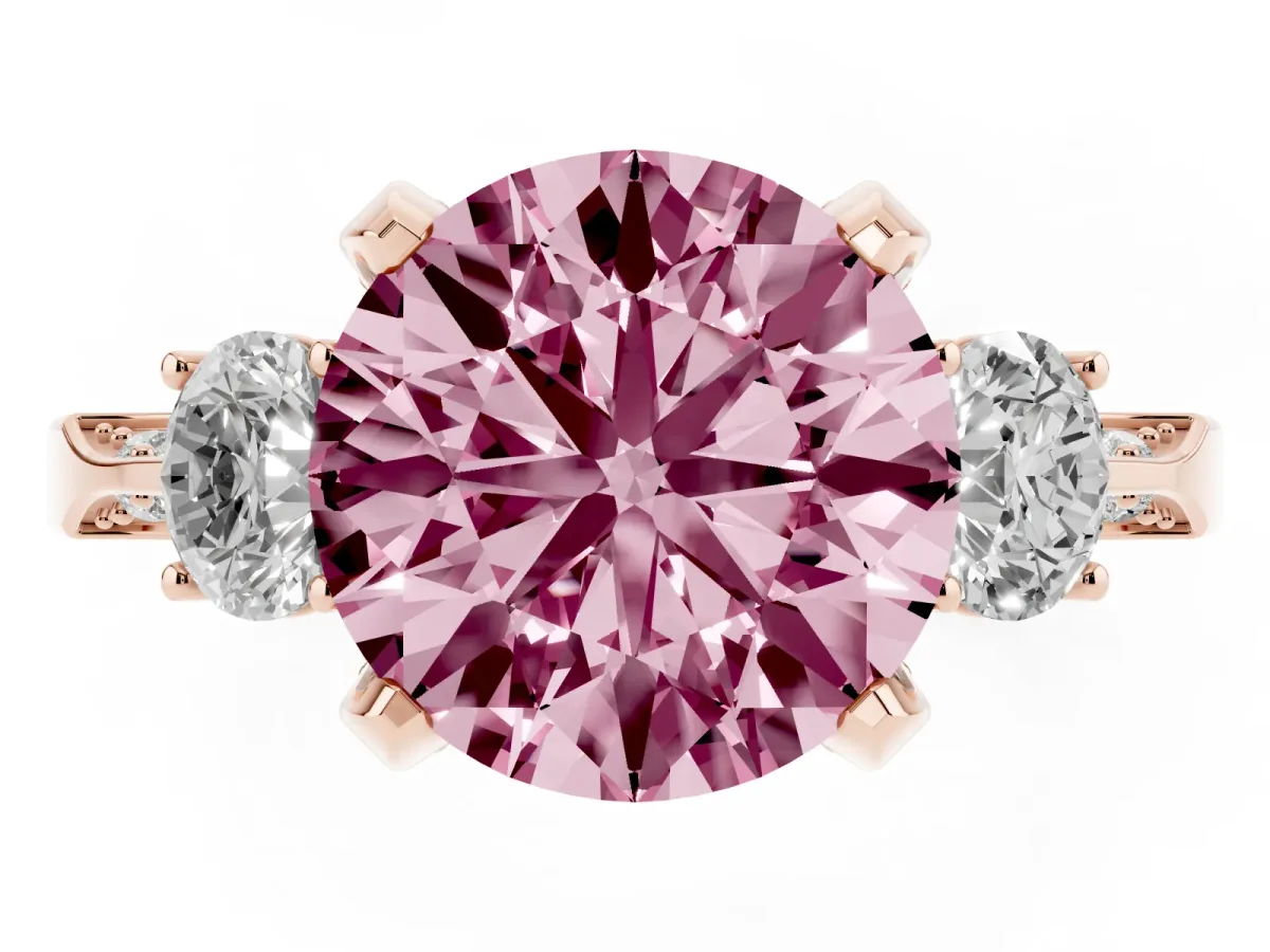 Fancy Pink Round Cut Brilliant Three-Stone Diamond Ring with Pavé Band and Four-Prong Setting Rose gold