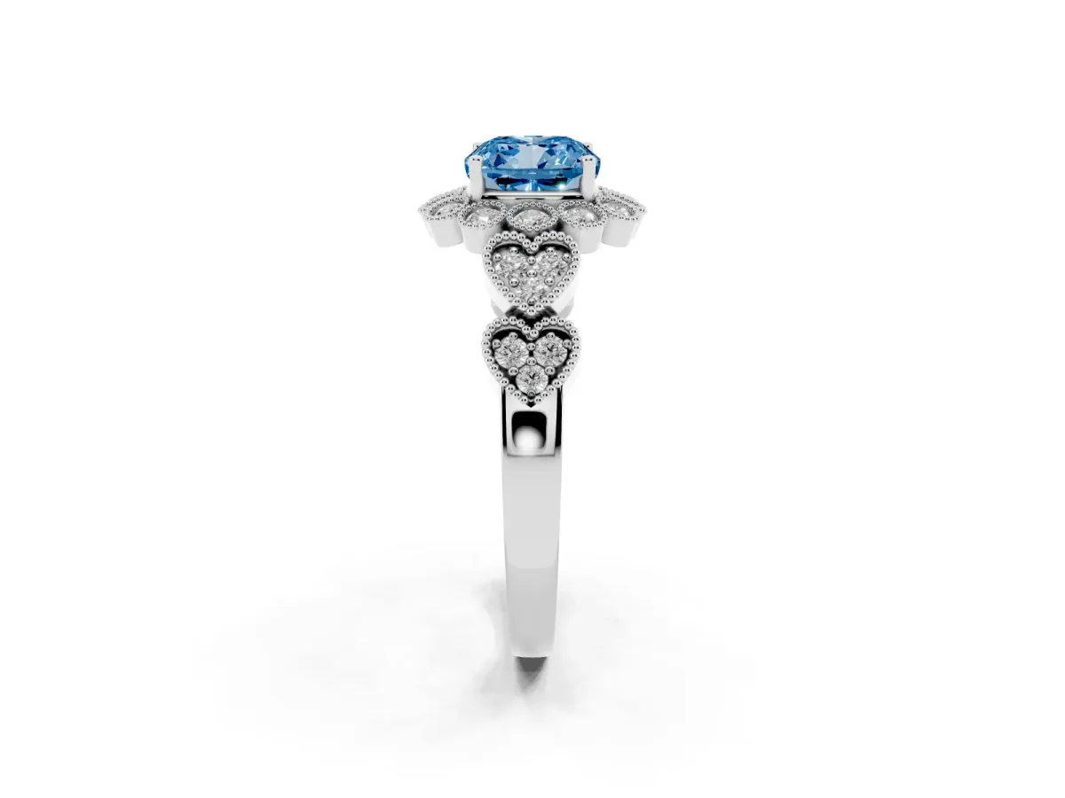 Fancy Blue Cushion Cut Brilliant Milgrain Pave Heart Band Solitaire Ring Platinum