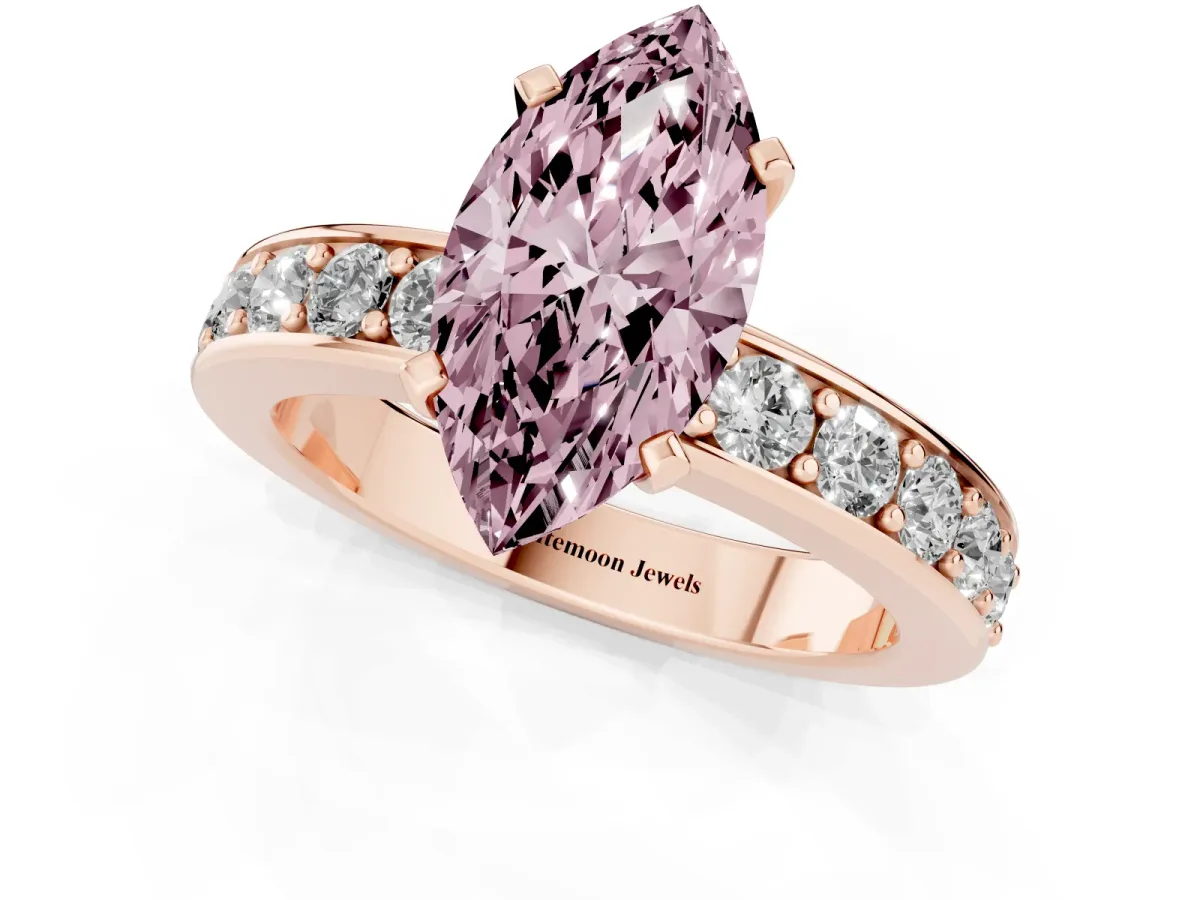 Fancy Pink Marquise Cut Diamond Engagement Ring with Channel Set Round Band and Prong Setting Rose gold