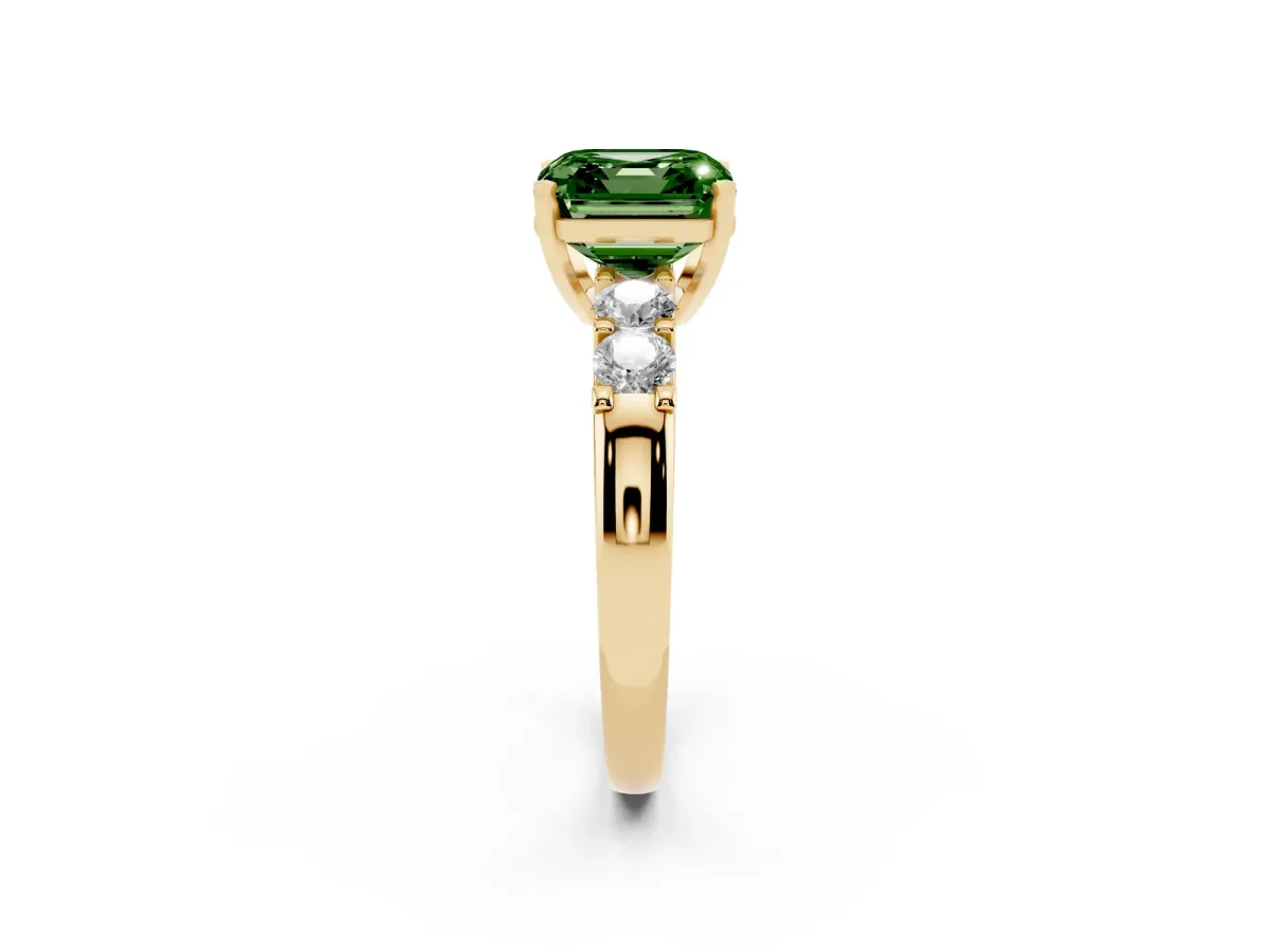 Fancy Green Asscher Cut Brilliant Cut Diamond Five-Stone Prong Set Engagement Ring with Channel Band Yellow gold