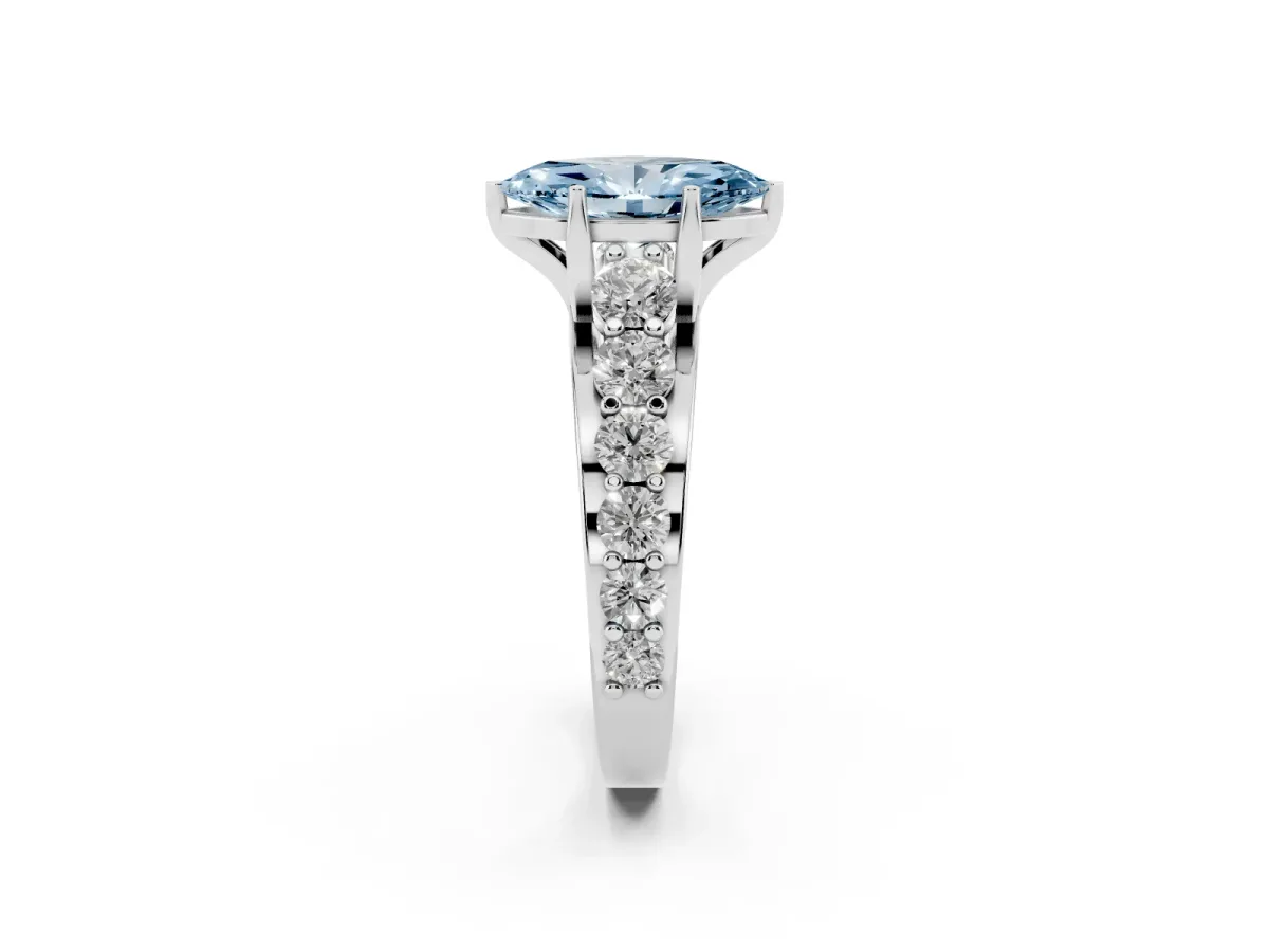 Fancy Blue Marquise Cut Diamond Engagement Ring with Pavé Band and Four-Prong Setting Silver