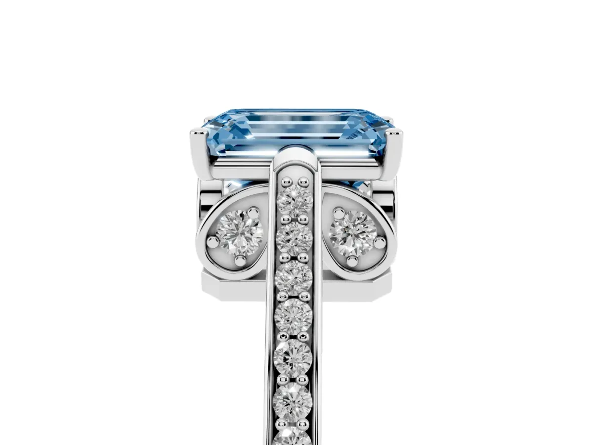 Fancy Blue Emerald Cut Cut Cathedral Pave Diamond Engagement Ring with Six-Prong Setting Platinum