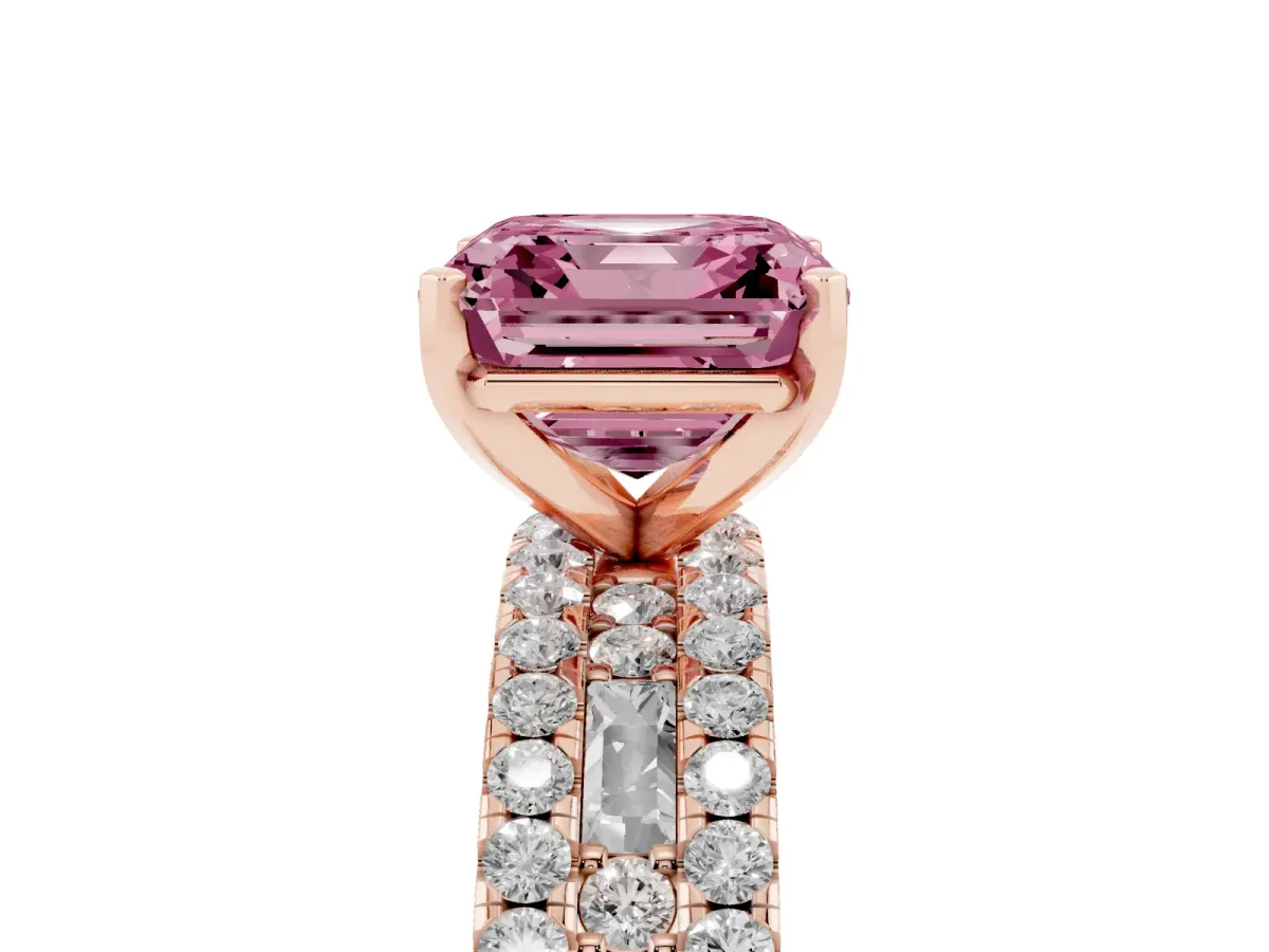 Fancy Pink Asscher Cut Diamond Solitaire Ring with Pavé and Channel Set Band Rose gold