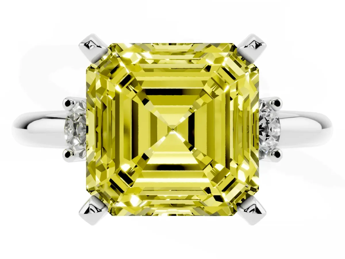 Fancy Yellow Three-Stone Asscher Cut Cut Diamond Solitaire with Prong Setting and Classic Band Silver