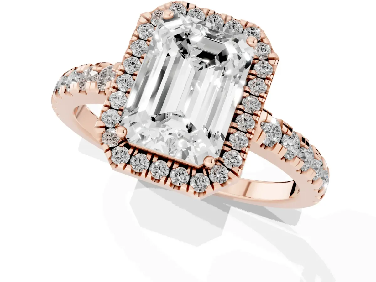 Emerald Cut Diamond Halo Ring with Pavé Band and Four-Prong Setting Rose gold