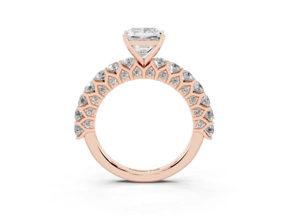 Princess Cut Diamond Solitaire Ring with Shared Prong Pavé Band and Four-Prong Setting Rose gold
