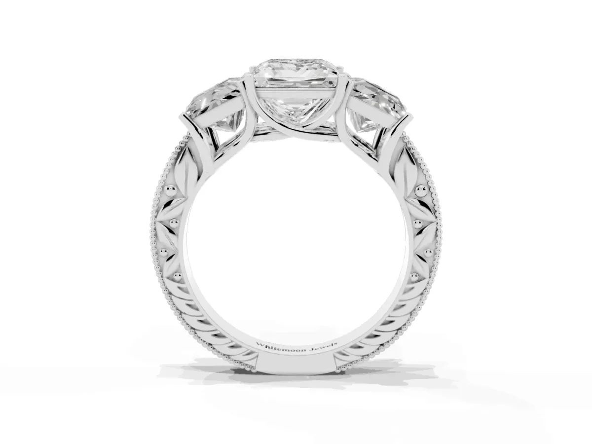 Three-Stone Princess Cut Cut Milgrain Pavé Engagement Ring Platinum