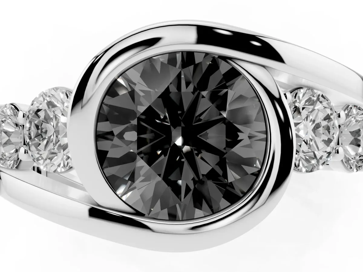 Fancy Black Bezel Set Round Cut Diamond Bypass Ring with Round Accents White gold