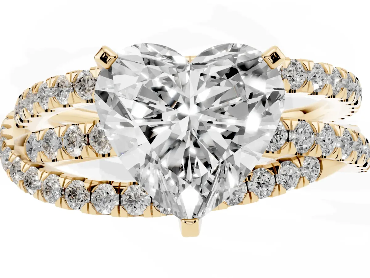 Heart Cut Solitaire Twist Band with Pavé Setting and Four-Prong Setting Yellow gold