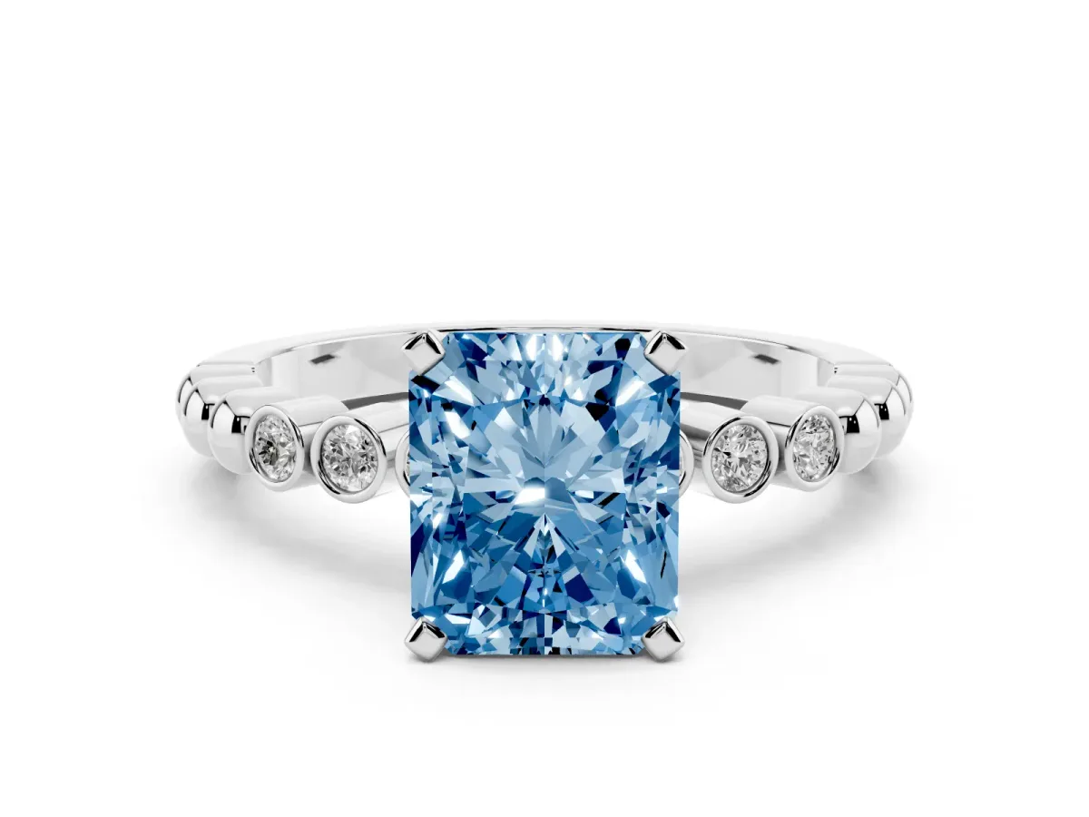 Fancy Blue Radiant Cut Solitaire Bezel Accent Diamond Engagement Ring with Beaded Band and Four-Prong Setting Platinum
