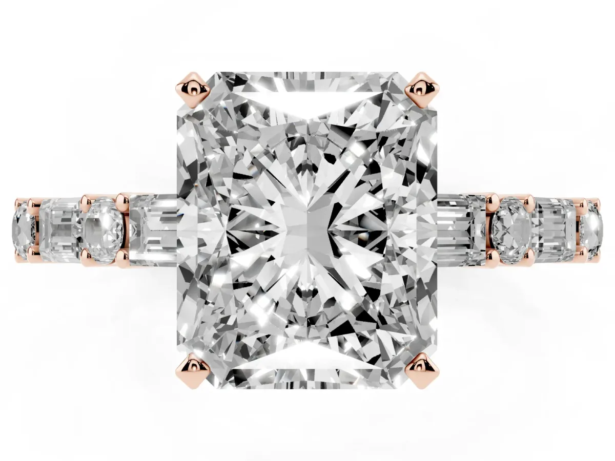 Radiant Cut Diamond Solitaire with Side Baguettes and Channel Set Band Rose gold