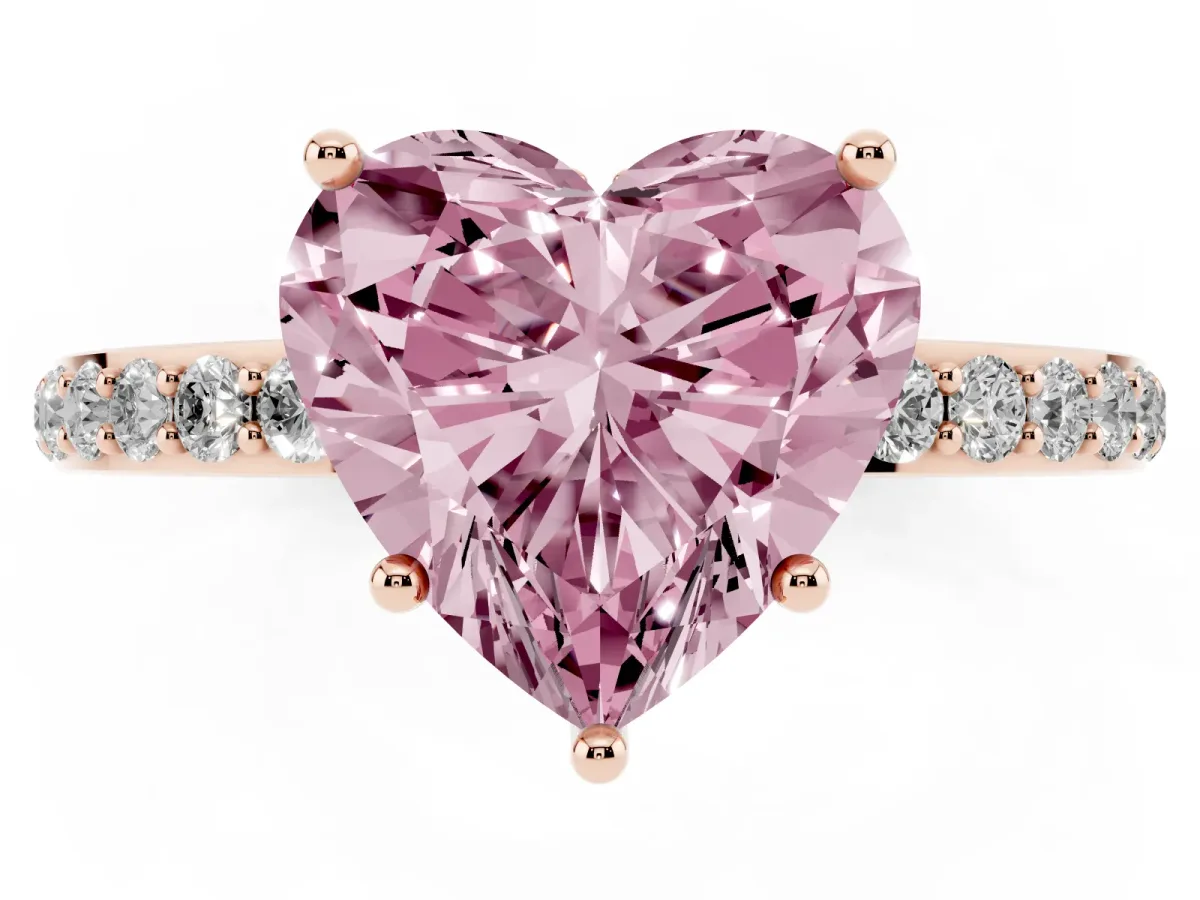 Fancy Pink Heart Cut Diamond Solitaire Ring with Pavé Band and Hidden Halo Rose gold
