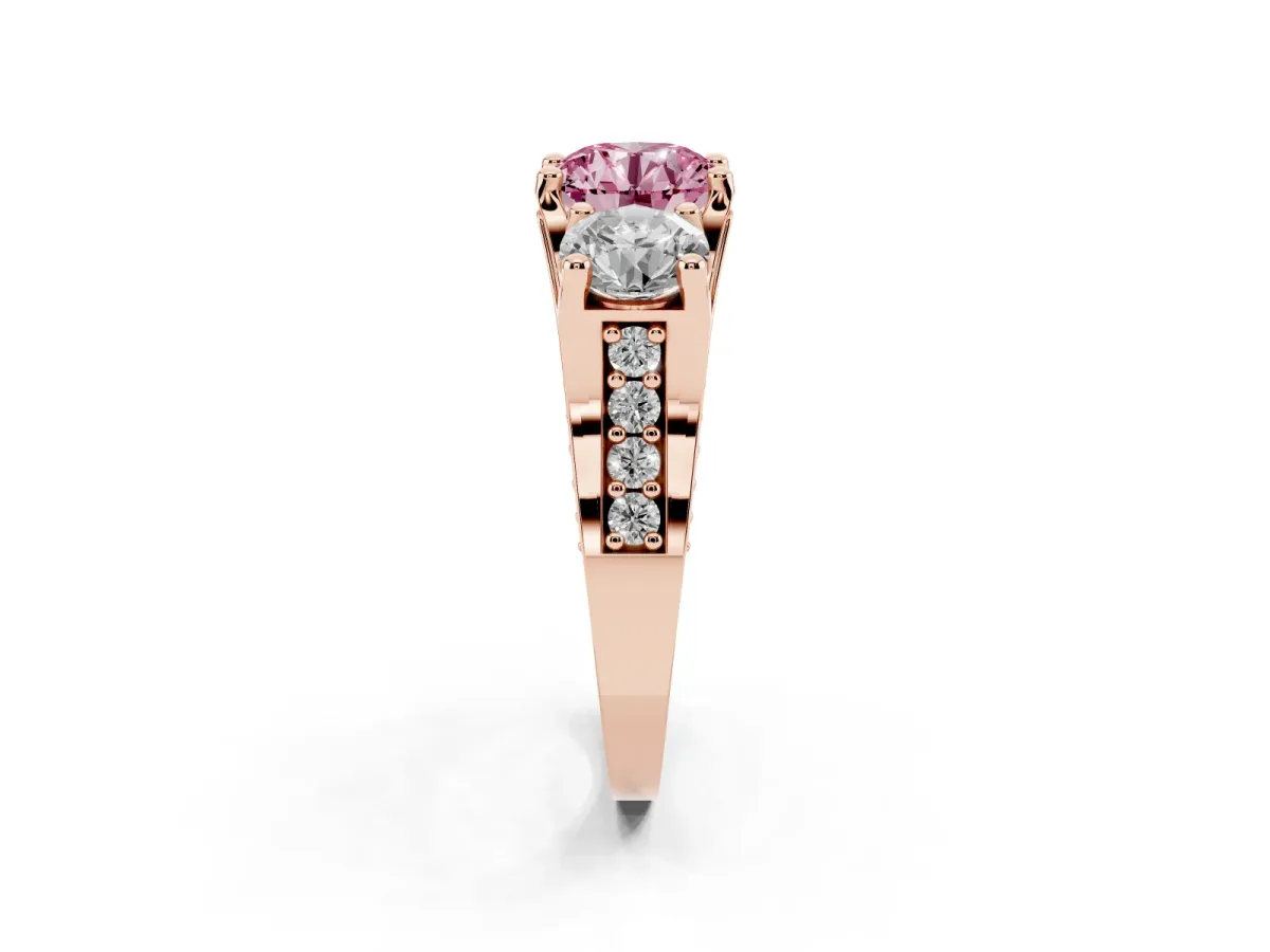 Fancy Pink Round Cut Diamond Three-Stone Ring with Channel Set Band and Four-Prong Setting Rose gold