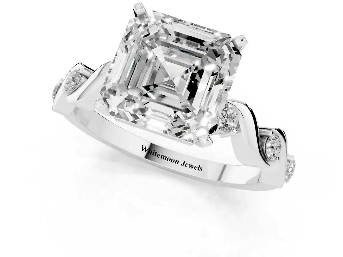 Asscher Cut Diamond Solitaire Twisted Band with Round Accents and Prong Setting Platinum