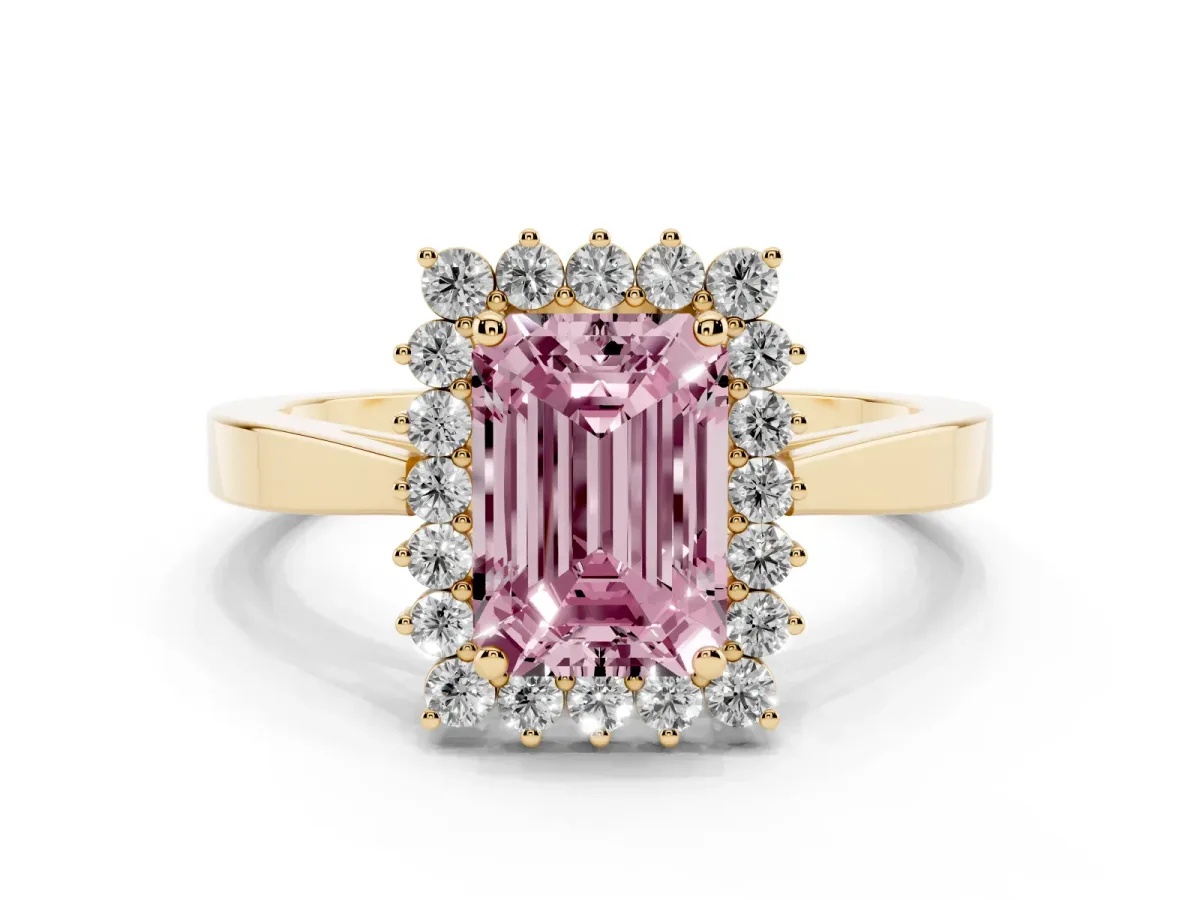 Fancy Pink Emerald Cut Cut Diamond Halo Ring with Round Brilliant Halo and Solitaire Band Yellow gold