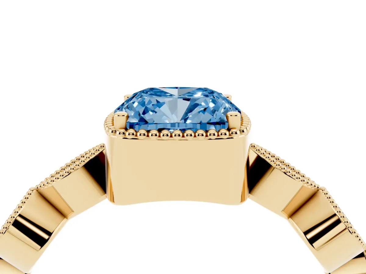 Fancy Blue Cushion Cut Diamond Vintage Milgrain Ring with Round Stations Yellow gold