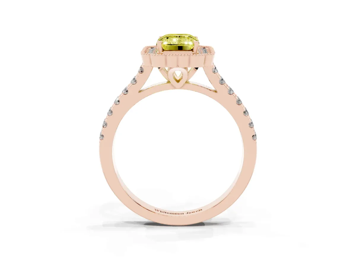 Fancy Yellow Emerald Cut Cut Diamond Milgrain Floral Halo Engagement Ring with Pavé Band Rose gold