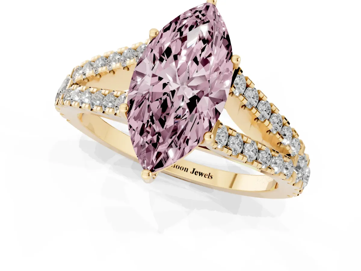 Fancy Pink Marquise Cut Diamond Split Shank Engagement Ring with Round Pavé and Prong Setting Yellow gold