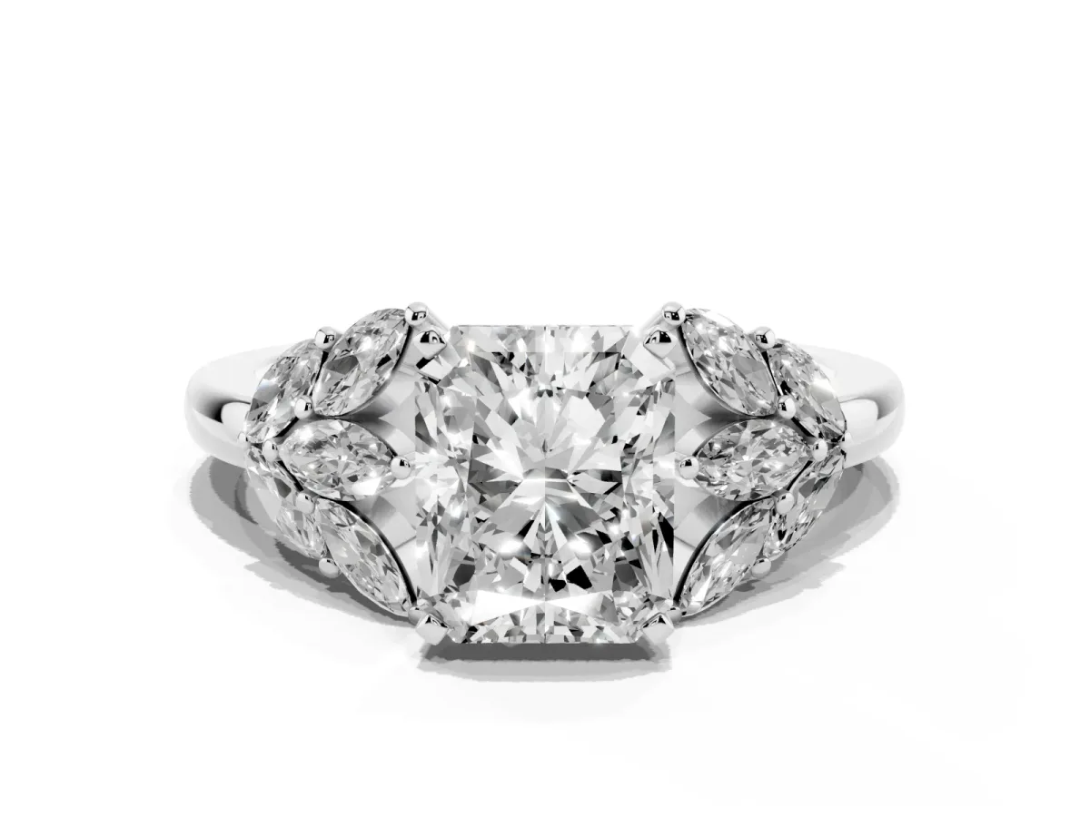 Radiant Cut Diamond Cluster Leaf Design Ring with Prong Setting Silver