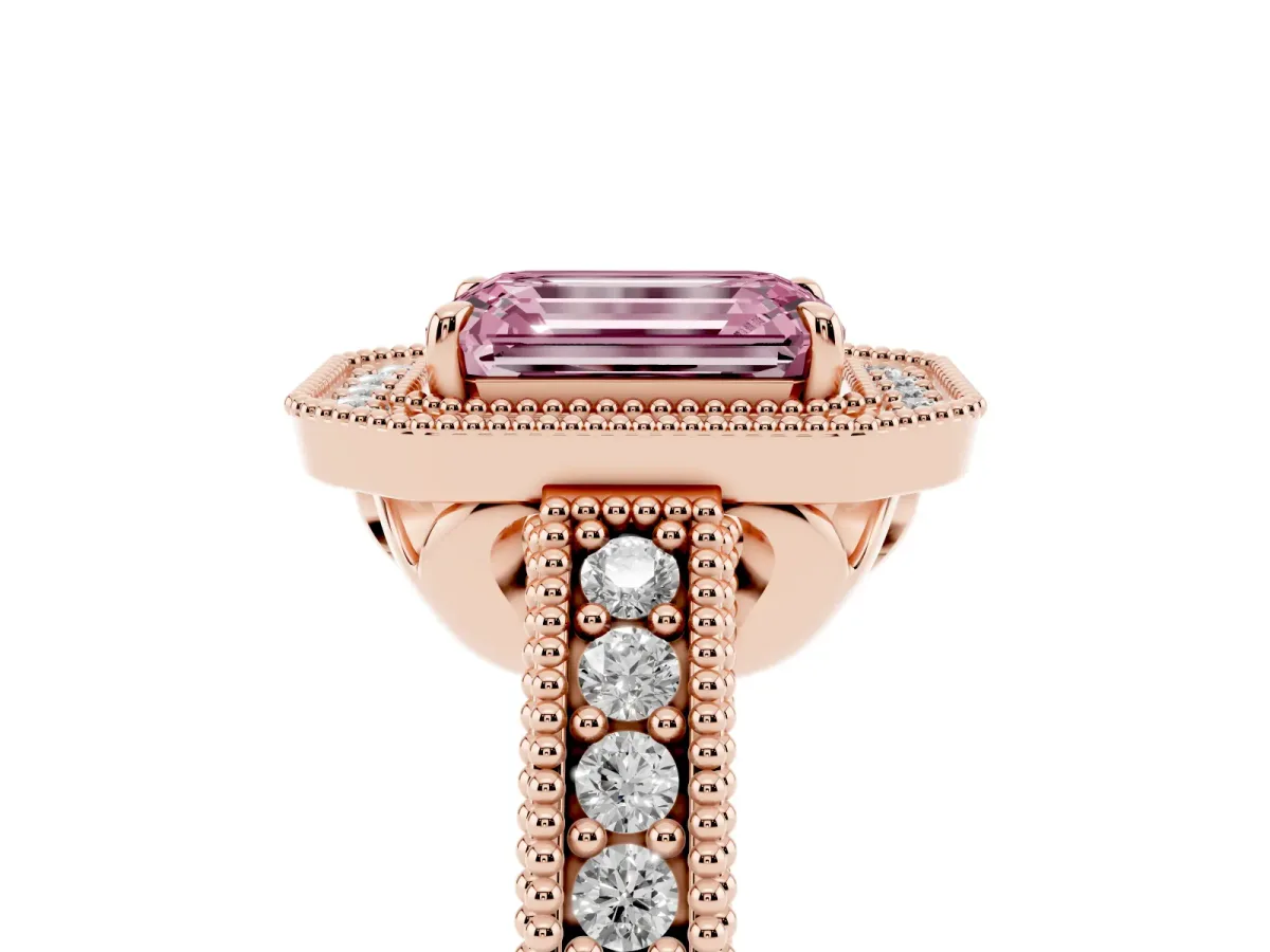 Fancy Pink Emerald Cut Cut Halo Diamond Ring with Pavé Band and Four-Prong Setting Rose gold