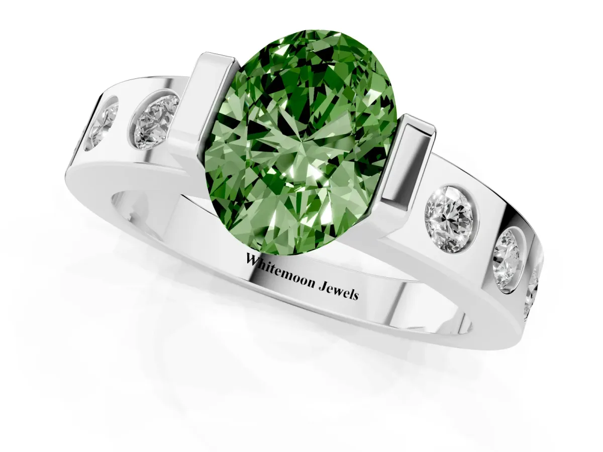 Fancy Green Oval Cut Brilliant Channel-Set Diamond Ring with Bezel Prong Setting Silver