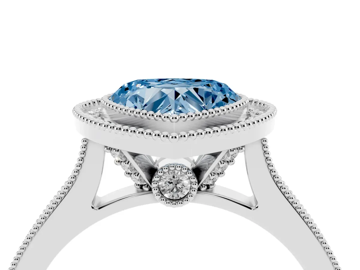Fancy Blue Halo Heart Cut-Cut Diamond Pave Band Milgrain Prong Setting Ring Silver