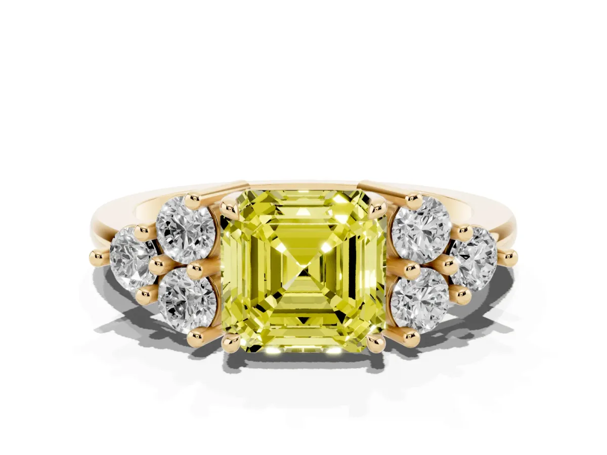 Fancy Yellow Asscher Cut Brilliant Diamond Cluster Accent Solitaire Ring with Prong Setting Yellow gold