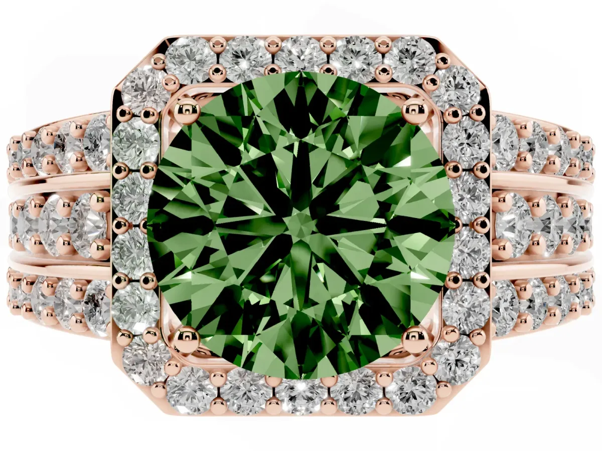 Fancy Green Round Cut Halo Diamond Ring with Round Split Shank and Prong Setting Rose gold