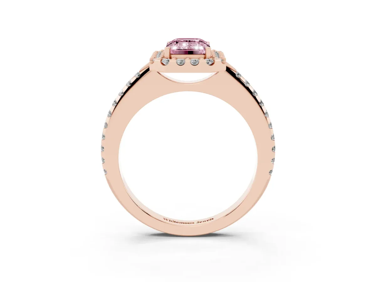 Fancy Pink Emerald Cut Diamond Pavé Halo Ring with Four-Prong Setting Rose gold