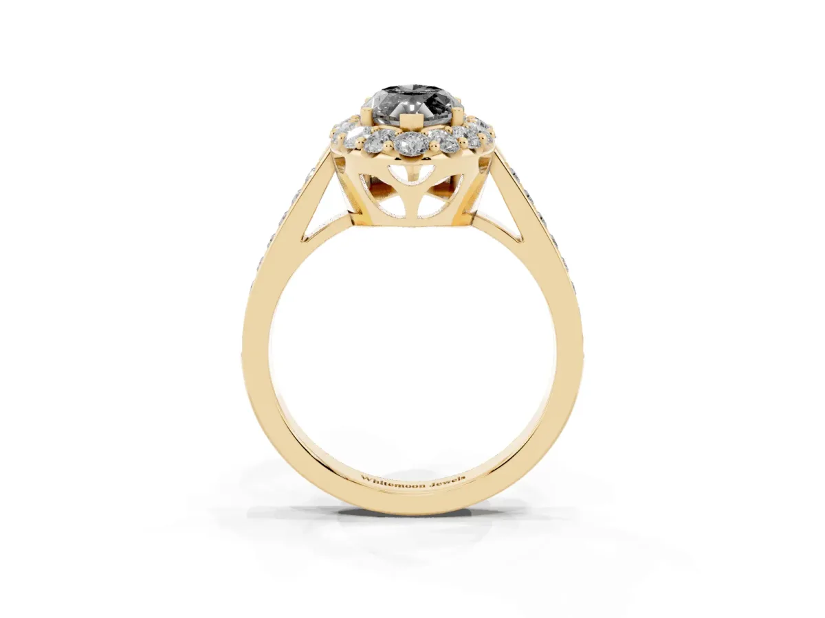 Fancy Black Marquise Cut Diamond Floral Halo Ring with Pavé Band and Prong Setting Yellow gold