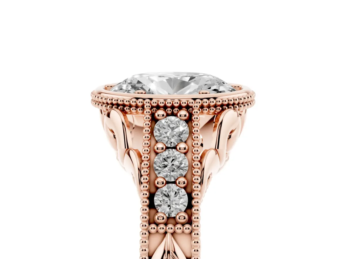 Bezel Set Oval Cut Diamond Milgrain Pave Engagement Ring Rose gold