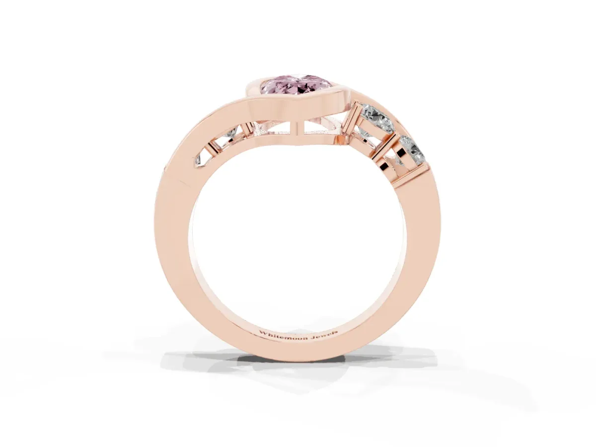 Fancy Pink Bezel Set Marquise Cut Diamond Bypass Ring with Round Accents Rose gold