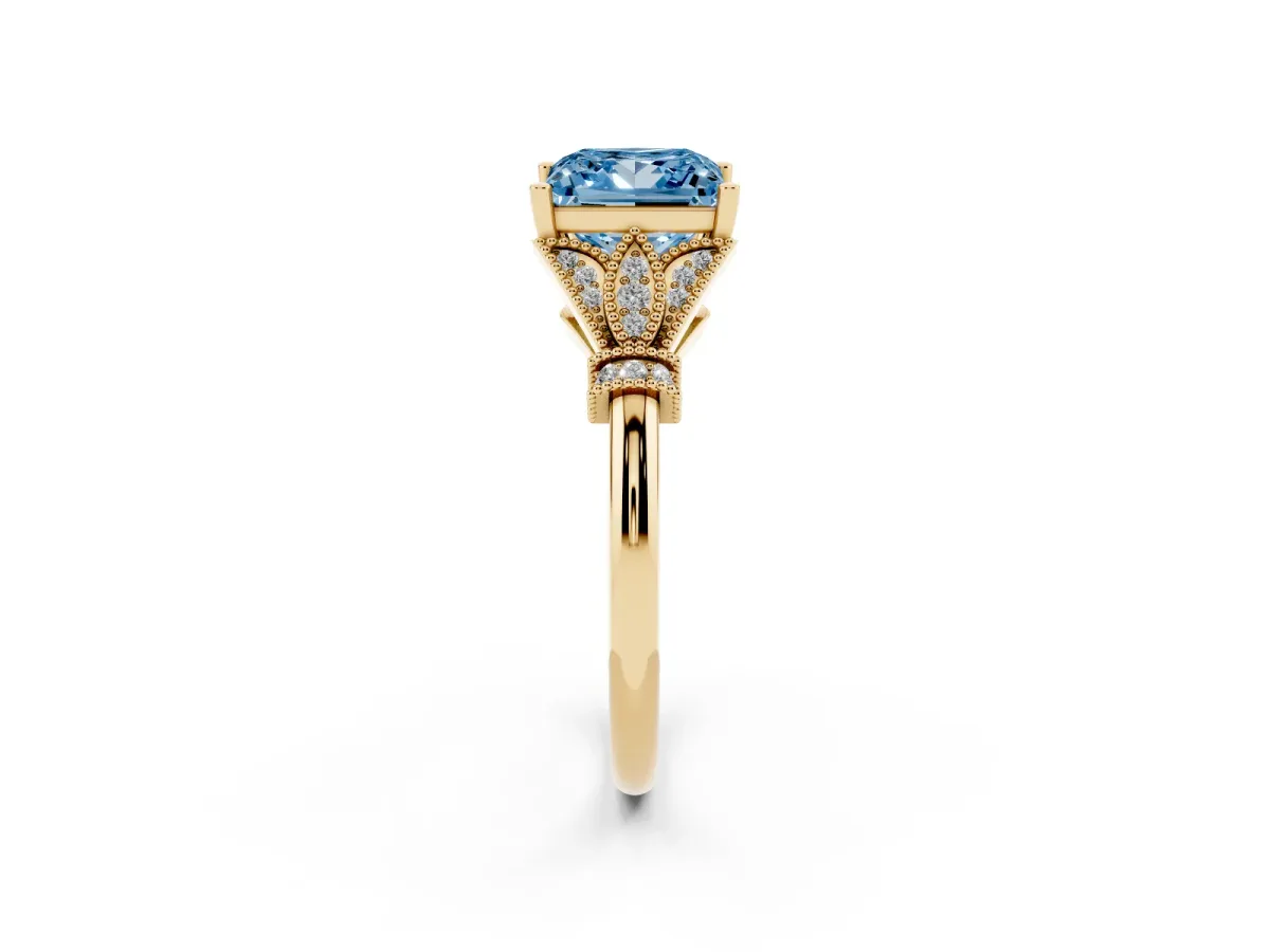Fancy Blue Princess Cut Diamond Solitaire Ring with Floral Filigree and Pave Accents Yellow gold