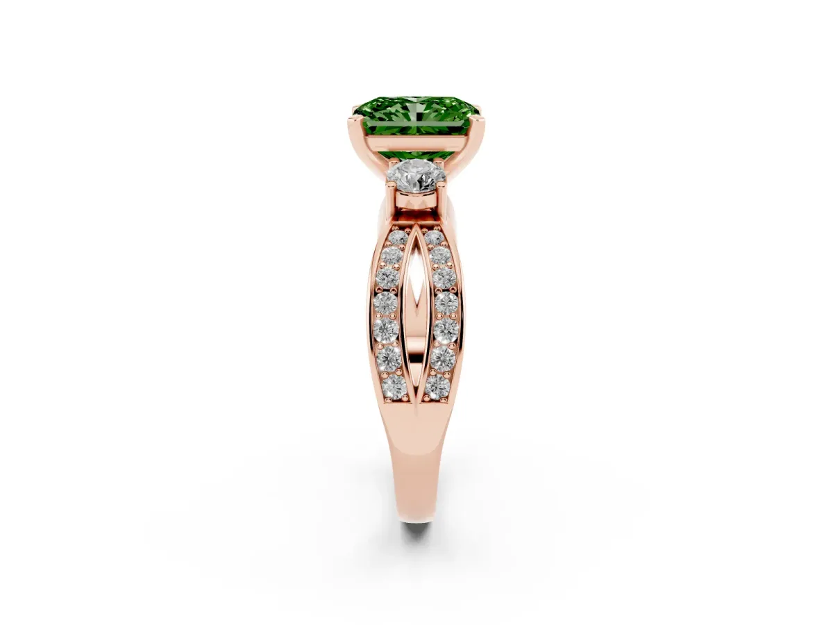 Fancy Green Three-Stone Radiant Cut Cut Diamond Twist Band with Prong Setting Rose gold