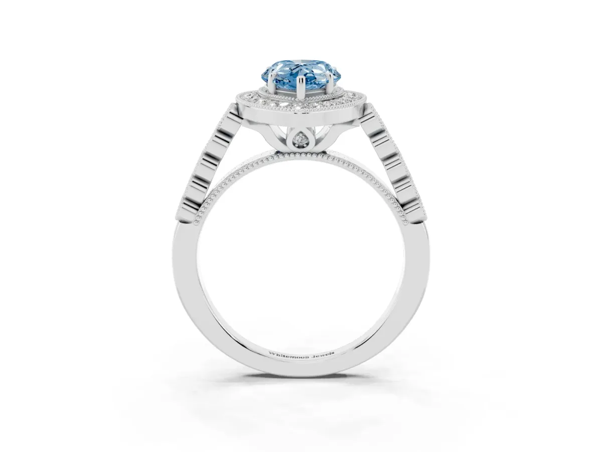 Fancy Blue Pear Cut Halo Milgrain Solitaire with Bezel Set Side Stones and Pave Band Silver
