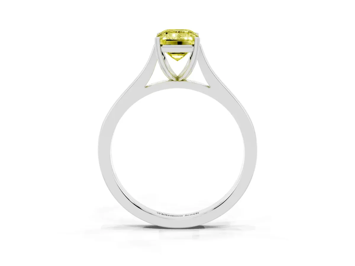 Fancy Yellow Emerald Cut Solitaire Heart Prong Engagement Ring with Tapered Band White gold