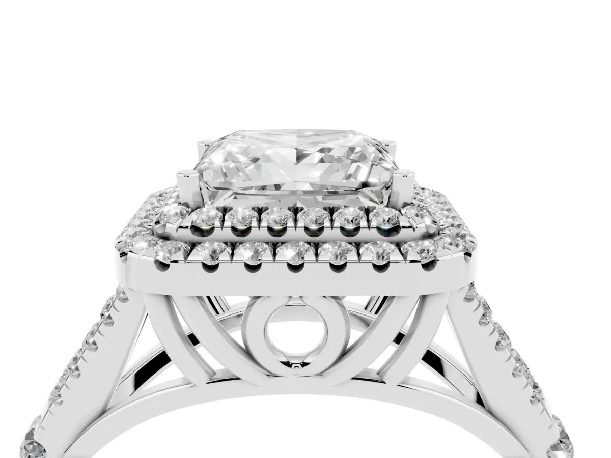 Princess Cut Diamond Double Halo Ring with Split Shank and Prong Setting Platinum