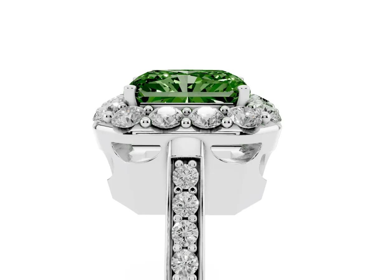 Fancy Green Radiant Cut Diamond Floral Halo Ring with Pavé Band and Prong Setting Silver