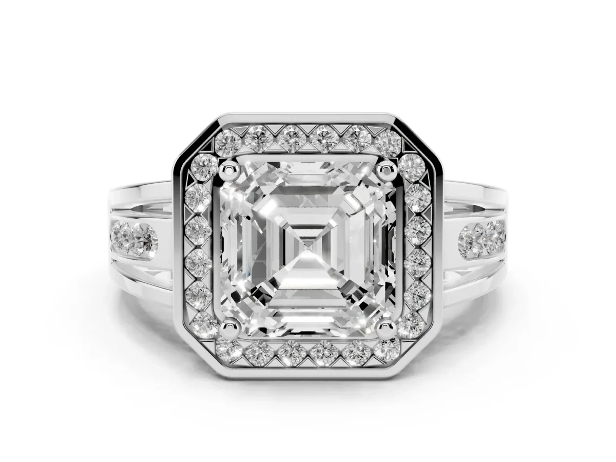 Asscher Cut Diamond Halo Ring with Split Shank and Bezel Accents and Prong Setting Silver