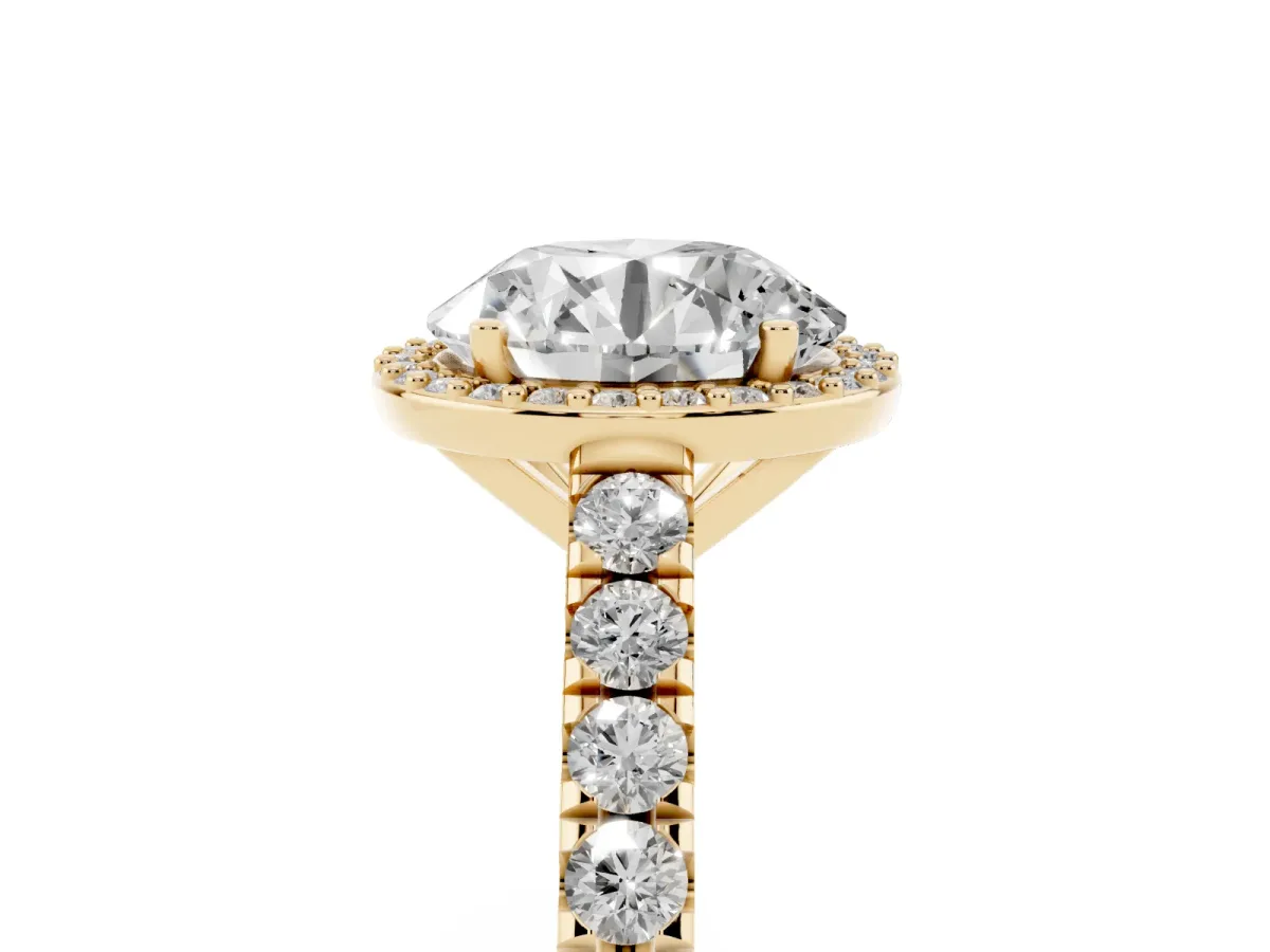 Round Cut Cut Halo Diamond Engagement Ring with Pave Band and Four-Prong Setting Yellow gold