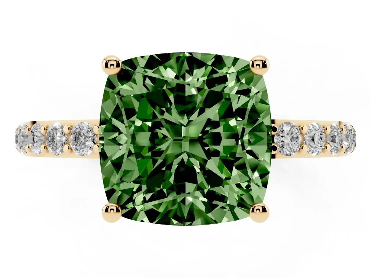 Fancy Green Cushion Cut Diamond Solitaire Ring with Round Pavé Shoulders and Prong Setting Yellow gold